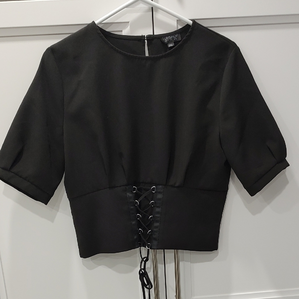 Topshop Black Puff Sleeve Crop Blouse Women Size6